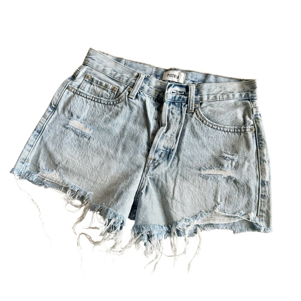 Pistola High Rise Distressed Cut Off Denim Shorts Light Blue Size 26 - Picture 3 of 7